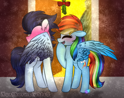 Size: 1024x808 | Tagged: safe, artist:northlights8, imported from ponybooru, rainbow dash, soarin', pegasus, pony, female, male, mare, mistletoe, shipping, soarindash, stallion, straight