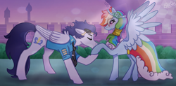 Size: 1567x771 | Tagged: safe, artist:kikirdcz, imported from ponybooru, rainbow dash, soarin', pegasus, pony, a canterlot wedding, bridesmaid, bridesmaid dash, bridesmaid dress, clothes, dress, female, hoof kissing, kissing, male, mare, shipping, soarindash, stallion, straight