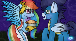 Size: 572x312 | Tagged: safe, artist:northlights8, imported from ponybooru, rainbow dash, soarin', pegasus, pony, the best night ever, apple, apple pie, clothes, dress, female, food, male, mare, pie, shipping, soarindash, stallion, straight, uniform, wonderbolts uniform