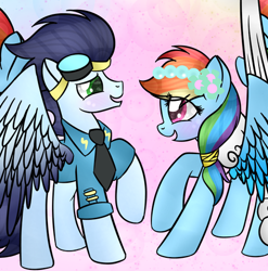 Size: 443x449 | Tagged: safe, artist:northlights8, imported from ponybooru, rainbow dash, soarin', pegasus, pony, a canterlot wedding, bridesmaid, bridesmaid dash, bridesmaid dress, clothes, dress, female, male, mare, shipping, soarindash, stallion, straight