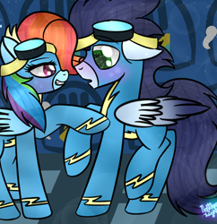 Size: 376x389 | Tagged: safe, artist:northlights8, imported from ponybooru, rainbow dash, soarin', pegasus, pony, newbie dash, clothes, female, male, mare, rainbow fash, shipping, soarindash, stallion, straight, uniform, wonderbolts, wonderbolts uniform