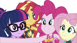 Size: 4303x2403 | Tagged: safe, edit, edited screencap, editor:homersimpson1983, imported from derpibooru, screencap, fluttershy, pinkie pie, sci-twi, sunset shimmer, twilight sparkle, human, equestria girls, bikini, clothes, female, group photo, not a vector, simple background, swimsuit, transparent background