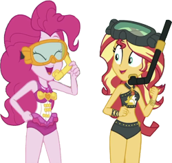 Size: 2657x2520 | Tagged: safe, edit, edited screencap, editor:homersimpson1983, imported from derpibooru, screencap, pinkie pie, sunset shimmer, human, equestria girls, background removed, bikini, clothes, dive mask, female, goggles, not a vector, simple background, snorkel, swimsuit, transparent background