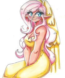 Size: 2070x2480 | Tagged: safe, artist:mylittleyuri, imported from derpibooru, fluttershy, human, blushing, breasts, busty fluttershy, cleavage, clothes, colored pencil drawing, dress, ear piercing, earring, elf ears, eye clipping through hair, eyebrows, eyebrows visible through hair, female, high res, hooped earrings, humanized, jewelry, piercing, simple background, sitting, smiling, solo, traditional art, white background, winged humanization, wings