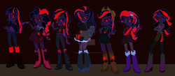 Size: 1024x446 | Tagged: safe, artist:rosestardragonmp3, artist:selenaede, imported from derpibooru, applejack, fluttershy, pinkie pie, rainbow dash, rarity, sunset shimmer, twilight sparkle, oc, oc:blacklight sparkle, human, equestria girls, alternate mane seven, bare midriff, base used, boots, clothes, corrupted, corrupted applejack, corrupted fluttershy, corrupted pinkie pie, corrupted rainbow dash, corrupted rarity, corrupted sunset shimmer, corrupted twilight sparkle, crossed arms, deviantart watermark, female, fishnet pantyhose, fishnets, jacket, leggings, mane six, needs more jpeg, nightmare twilight, nightmarified, obtrusive watermark, red background, red sclera, septet, shirt, shoes, simple background, skirt, watermark