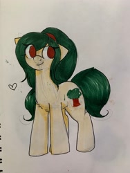 Size: 1536x2048 | Tagged: safe, artist:puppie, imported from derpibooru, oc, oc:myrtle remedy, earth pony, pony, brown eyes, closed mouth, female, heart, mare, smiling, standing, traditional art