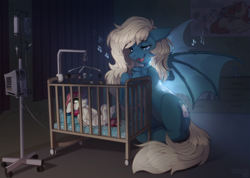 Size: 3508x2500 | Tagged: safe, artist:trickate, imported from derpibooru, oc, oc only, oc:nightingale, bat pony, pegasus, pony, bat wings, chest fluff, crib, female, foal, hospital, lullaby, mare, nursery, singing, wings