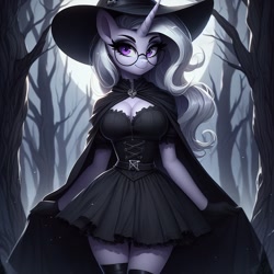 Size: 1024x1024 | Tagged: prompter needed, safe, imported from derpibooru, oc, oc only, anthro, unicorn, ai content, ai generated, anthro oc, breasts, cape, cleavage, clothes, dress, forest, generator:bing image creator, generator:dall-e 3, glasses, gloves, hat, horn, long hair, looking at you, minidress, nature, night, outdoors, round glasses, smiling, smiling at you, socks, solo, thigh highs, tree, unicorn oc, witch costume, witch hat, zettai ryouiki