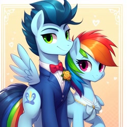 Size: 1024x1024 | Tagged: safe, edit, editor:i-shooped-a-pwny, imported from derpibooru, rainbow dash, soarin', pegasus, pony, ai content, ai generated, clothes, dress, duo, female, generator:bing image creator, male, prompter:*rainbow dash*, ship:soarindash, shipping, straight, suit