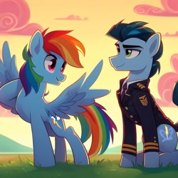 Size: 1024x1024 | Tagged: safe, edit, editor:i-shooped-a-pwny, imported from derpibooru, rainbow dash, soarin', pegasus, pony, ai content, ai generated, backwards cutie mark, dress uniform, duo, female, generator:bing image creator, male, prompter:*rainbow dash*, ship:soarindash, shipping, straight, sunset