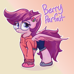 Size: 1350x1350 | Tagged: safe, artist:jade0, imported from derpibooru, oc, oc only, oc:berry parfait, pegasus, clothes, cute, female, glasses, gradient background, hoodie, pegasus oc, slippers, solo, sweater, wings