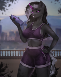 Size: 1920x2420 | Tagged: safe, artist:alicesmitt31, imported from derpibooru, oc, oc only, anthro, unicorn, bedroom eyes, big breasts, bottle, breasts, clothes, eyebrows, eyebrows visible through hair, female, hair over one eye, hand on hip, lidded eyes, looking at you, looking back, looking back at you, smiling, smiling at you, solo, sports, sweat, tail, water bottle