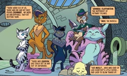 Size: 1252x750 | Tagged: safe, artist:tonyfleecs, idw, imported from derpibooru, capper dapperpaws, chummer, pacific glow, shadow (g4), abyssinian, anthro, cat, spoiler:comic, spoiler:comic96, admiral fluffington, female, g4, group, male, max, no pony, season 10, sextet