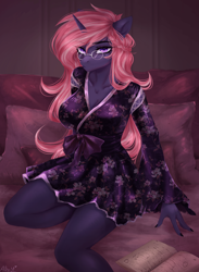 Size: 1920x2624 | Tagged: safe, artist:alicesmitt31, imported from derpibooru, oc, oc only, anthro, unicorn, anthro oc, bed, book, clothes, female, glasses, horn, looking at you, on bed, pillow, robe, sitting, solo, unicorn oc