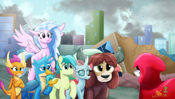 Size: 2751x1564 | Tagged: safe, artist:lordshrekzilla20, imported from derpibooru, gallus, ocellus, sandbar, silverstream, smolder, yona, changedling, changeling, dragon, earth pony, griffon, hippogriff, pony, yak, fanfic:a king to a god, destruction, hood, student six