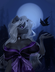 Size: 1920x2496 | Tagged: safe, artist:alicesmitt31, imported from derpibooru, oc, oc only, anthro, bat, pegasus, anthro oc, breasts, clothes, dress, female, full moon, horns, looking at you, moon, night, pegasus oc, solo, spread wings, wings