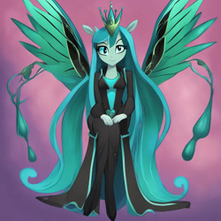 Size: 894x894 | Tagged: safe, imported from derpibooru, queen chrysalis, anthro, changeling, changeling queen, ai content, ai generated, female, gradient background, prompter:darklady94two, solo