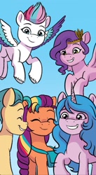 Size: 732x1334 | Tagged: safe, artist:abigail starling, idw, imported from derpibooru, hitch trailblazer, izzy moonbow, pipp petals, sunny starscout, zipp storm, earth pony, pegasus, pony, unicorn, spoiler:comic, spoiler:g5comic, spoiler:g5comic15, bag, colored wings, eyes closed, g5, gradient background, grin, group, mane five, mane stripe sunny, multicolored wings, quintet, saddle bag, smiling, spread wings, unshorn fetlocks, wings