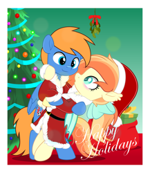 Size: 4333x5000 | Tagged: safe, artist:jhayarr23, imported from derpibooru, oc, oc:rozyfly, oc:sunshine drift, bat pony, pegasus, pony, bat pony oc, bat wings, blushing, christmas, christmas tree, clothes, commission, ear fluff, female, happy holidays, hat, holiday, male, mare, mistletoe, oc x oc, santa hat, santa sack, shipping, smiling, stallion, straight, tree, wings, ych result