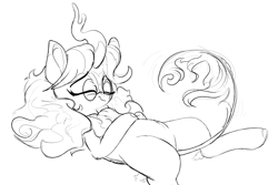 Size: 1200x800 | Tagged: safe, artist:rocket-lawnchair, imported from derpibooru, oc, oc:pine pyre, kirin, black and white, cute, eyes closed, glasses, grayscale, hoof on belly, kirin oc, lying down, monochrome, ocbetes, on back, round glasses, simple background, sketch, sleeping, smiling, solo, white background