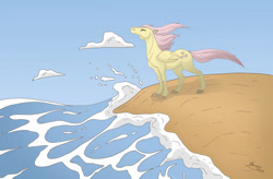 Size: 1024x672 | Tagged: safe, artist:skyqeen, imported from derpibooru, fluttershy, pegasus, pony, 2011, beach, closed mouth, cloud, colored hooves, eyes closed, female, folded wings, hoers, mare, ocean, sky, smiling, solo, standing, water, wind, windswept mane, wings