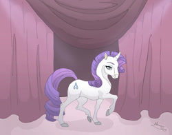 Size: 1024x801 | Tagged: safe, artist:skyqeen, imported from derpibooru, rarity, pony, unicorn, 2011, colored hooves, curtains, eyes closed, female, g4, hoers, lidded eyes, mare, raised hoof, smiling, solo, standing, standing on two hooves