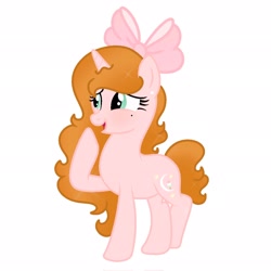 Size: 2048x2048 | Tagged: safe, imported from derpibooru, oc, oc only, oc:misty breezy, pony, unicorn, blushing, brunette hair, curly hair, curly mane, female, female oc, g4, green eyes, horn, lesbian, pink fur, simple background, solo, standing, unicorn oc, white background