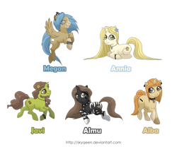 Size: 1280x1065 | Tagged: safe, artist:almairis, artist:skyqeen, imported from derpibooru, oc, oc only, oc:alba, oc:almu, oc:annia, oc:javi, oc:megan, pegasus, pony, unicorn, beard, blaze (coat marking), bracelet, choker, coat markings, commission, curved horn, ear piercing, earring, facial hair, facial markings, female, flower, flower in hair, freckles, group, horn, jewelry, lip piercing, male, mare, mealy mouth (coat marking), necklace, piercing, ponysona, quintet, simple background, snake bites, socks (coat markings), spiked choker, stallion, stripes, transparent background