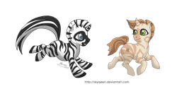 Size: 1024x558 | Tagged: safe, artist:almairis, imported from derpibooru, oc, oc only, oc:miel, oc:zeta, pony, zebra, zebracorn, 2011, blue eyes, colored hooves, duo, eyes closed, female, green eyes, grin, horn, looking at each other, looking at someone, male, mare, ponified, ponified oc, running, signature, simple background, smiling, stallion, striped, striped horn, transparent background