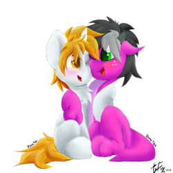 Size: 2048x2048 | Tagged: safe, artist:dianetgx, imported from derpibooru, oc, oc only, oc:axle bright, oc:diane tgx, dracony, dragon, hybrid, pony, unicorn, derpibooru community collaboration, 2024 community collab, blushing, couple, female, husband and wife, looking at each other, looking at someone, male, signature, simple background, sitting, smiling, transparent background