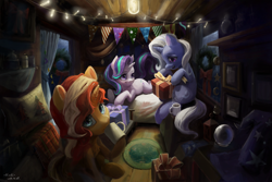 Size: 6000x4000 | Tagged: safe, artist:flvski, imported from derpibooru, starlight glimmer, sunset shimmer, trixie, pony, unicorn, absurd file size, absurd resolution, christmas wreath, clothes, crystal ball, hat, looking at you, lying down, mug, pillow, present, prone, sitting, smiling, trixie's hat, trixie's wagon, wagon, wreath