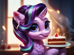 Size: 4096x3072 | Tagged: safe, imported from derpibooru, starlight glimmer, pony, unicorn, ai content, ai generated, cake, chest fluff, cute, ear fluff, fluffy, food, generator:pony diffusion v6 xl, generator:purplesmart.ai, generator:stable diffusion, horn, looking at you, prompter:kluknawa235, smiling, window