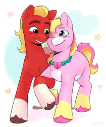 Size: 3474x4132 | Tagged: safe, artist:daisy_marshmallow, imported from derpibooru, sprout cloverleaf, oc, oc:malarkey, earth pony, pony, art trade, canon x oc, cute, duo, g5, jewelry, looking at each other, looking at someone, male, necklace, shipping, smiling, smiling at each other, stallion, unshorn fetlocks