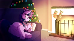 Size: 3840x2160 | Tagged: safe, artist:lockheart, imported from derpibooru, twilight sparkle, pony, unicorn, book, butt, christmas, christmas stocking, christmas tree, dock, female, fireplace, holiday, implied anon, mare, plot, reading, solo, tail, tree, twibutt, unicorn twilight