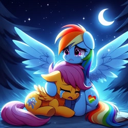 Size: 1024x1024 | Tagged: safe, imported from derpibooru, rainbow dash, scootaloo, pegasus, pony, ai content, ai generated, crying, duo, duo female, female, forest, generator:dall-e 3, hug, mare, moon, nature, night, sad, spread wings, stars, tears of pain, tree, wings, wrong cutie mark