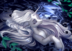 Size: 3700x2650 | Tagged: safe, artist:ryusya, imported from derpibooru, oc, horn, long hair, long horn, lying down, nature, pond, solo, water