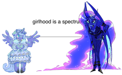 Size: 1199x742 | Tagged: safe, artist:phasdraw, imported from derpibooru, princess luna, alicorn, anthro, unguligrade anthro, bridle, clothes, curved horn, dress, duality, eyeshadow, fishnets, horn, lidded eyes, long eyelashes, makeup, shy, spread wings, tack, teary eyes, wings