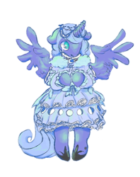 Size: 446x563 | Tagged: safe, artist:phasdraw, imported from derpibooru, princess luna, alicorn, semi-anthro, clothes, dress, shy, solo, spread wings, teary eyes, wings