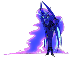 Size: 916x747 | Tagged: safe, artist:phasdraw, imported from derpibooru, princess luna, alicorn, anthro, unguligrade anthro, bridle, curved horn, eyeshadow, fishnets, horn, lidded eyes, long eyelashes, makeup, solo, tack