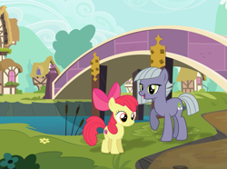 Size: 949x707 | Tagged: safe, artist:deratrox, artist:destroyerpony, artist:mlp-vector-collabs, imported from derpibooru, apple bloom, limestone pie, earth pony, pony, apple bloom's bow, bow, bridge, duo, female, filly, foal, hair bow, headcanon, headcanon in the description, mare, ponyville, raised hoof, sisters-in-law, smiling, when she smiles