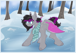 Size: 5000x3492 | Tagged: safe, artist:ezzerie, imported from derpibooru, oc, oc only, oc:extra warm, bat pony, pony, clothes, ice, scarf, secret santa, shaking, skating, slipping, snow, snowfall, solo, striped scarf, tree, winter