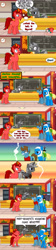 Size: 1024x4586 | Tagged: safe, artist:jasperpie, imported from derpibooru, oc, oc:finn the pony, oc:jasper pie, oc:night mist, oc:thespio, clock, clothes, comic, fez, hat, manehattan, pie's pizzeria (manehattan), sword, vest, weapon