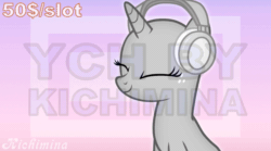 Size: 872x486 | Tagged: safe, artist:kichimina, imported from derpibooru, pony, advertisement, animated, bust, colored, commission, eyelashes, eyes closed, female, gif, half body, happy, headphones, horn, loop, mare, music notes, perfect loop, show accurate, signature, simple background, smiling, solo, vector, watermark, ych animation, your character here