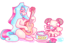 Size: 3600x2400 | Tagged: safe, artist:mannybcadavera, imported from derpibooru, oc, oc only, oc:sigvard, oc:tapita, earth pony, goat, pony, acoustic guitar, birthday cake, cake, duo, food, guitar, high res, hoof hold, male, musical instrument, simple background, stallion, white background