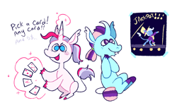 Size: 2048x1280 | Tagged: safe, artist:goatpaste, imported from derpibooru, oc, oc only, oc:bunny hop, oc:twinkle wish, pony, unicorn, duo, jackpot, magical lesbian spawn, offspring, parent:starlight glimmer, parent:trixie, parents:startrix, simple background, white background