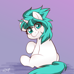 Size: 2704x2704 | Tagged: safe, artist:rivin177, imported from derpibooru, oc, pony, unicorn, looking at you, patreon, patreon reward, raised hoof, simple background, sitting, smiling