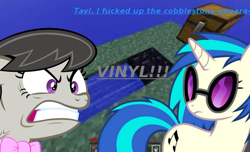 Size: 640x388 | Tagged: safe, edit, imported from derpibooru, vector edit, dj pon-3, octavia melody, vinyl scratch, earth pony, pony, unicorn, angry, black mane, block, blocks, blue mane, blue tail, bowtie, chest, colored text, cutie mark, duo, female, game, game screencap, glasses, grass, gray fur, gritted teeth, mare, memeful.com, minecraft, sky, stuck together, tail, teeth, text, this will end in tears, upset, vector