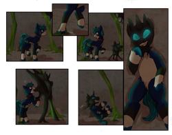 Size: 2166x1701 | Tagged: safe, artist:aero_moon, imported from derpibooru, oc, oc:azulito, oc:facade, changeling, earth pony, pony, blue coat, cave, changeling horn, comic, green mane, green tail, horn, latex, latex mask, living latex, living mask, male, mask, possessed, possession, tail