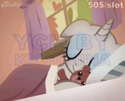 Size: 600x486 | Tagged: safe, artist:kichimina, imported from derpibooru, pony, unicorn, advertisement, animated, bed, blanket, colored, commission, curtains, cute, eyelashes, eyes closed, female, gif, half body, horn, loop, mare, perfect loop, pillow, plushie, show accurate, signature, simple background, sleeping, smiling, solo, teddy bear, toy, vector, watermark, window, ych animation, your character here