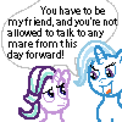 Size: 300x300 | Tagged: safe, artist:alumina nitride, imported from derpibooru, starlight glimmer, trixie, unicorn, dialogue box, meme, pixel art, simple background, text, white background